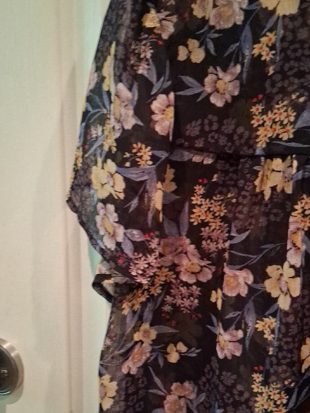 Knox Rose Black Floral Smocked Short Sleeve Blouse with Yellow Trim - Picture 9 of 11